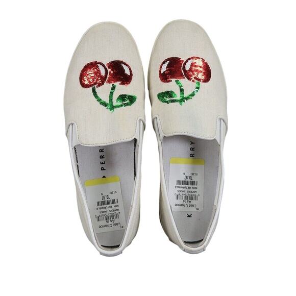 Katy Perry Shoes Womens 6 Sneaker Slip On Casual Cherry Sequin Kerry Flats White - Picture 7 of 13